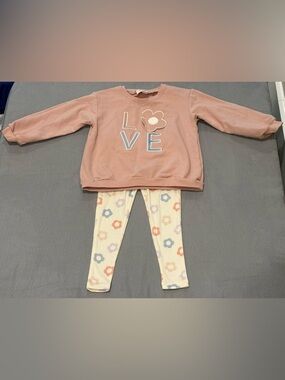 Girls Pink "LOVE" Flower Sweatshirt & Floral Leggings Set